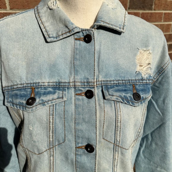 Light blue, distressed, denim jacket, size med - Picture 3 of 13